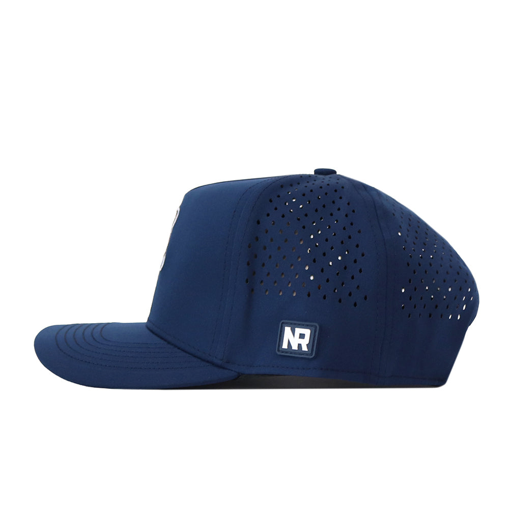 Introducing the WVU Mountaineers Football Mascot Hat in navy by No Rivals—a snapback hat crafted from performance fabric, featuring small side panel perforations and an embroidered NR logo patch on the side. It sports a structured crown and a flat brim for a classic look.