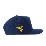 Introducing the WVU Mountaineers Football Mascot Hat - Navy by No Rivals, a performance fabric cap designed for durability and comfort. This navy hat features an embroidered WV logo on the side, small ventilation holes across the back half, and a flat brim. Displayed in a side profile against a white background, it offers both style and breathability for Mountaineers fans.
