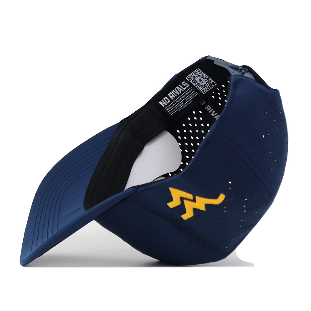 A navy WVU Mountaineers Football Mascot Hat by No Rivals, made from performance fabric, features a yellow embroidered logo. The inside-out view highlights the ventilation holes, snapback closure, QR code, and “NO RIVALS” phrase on the inner band.