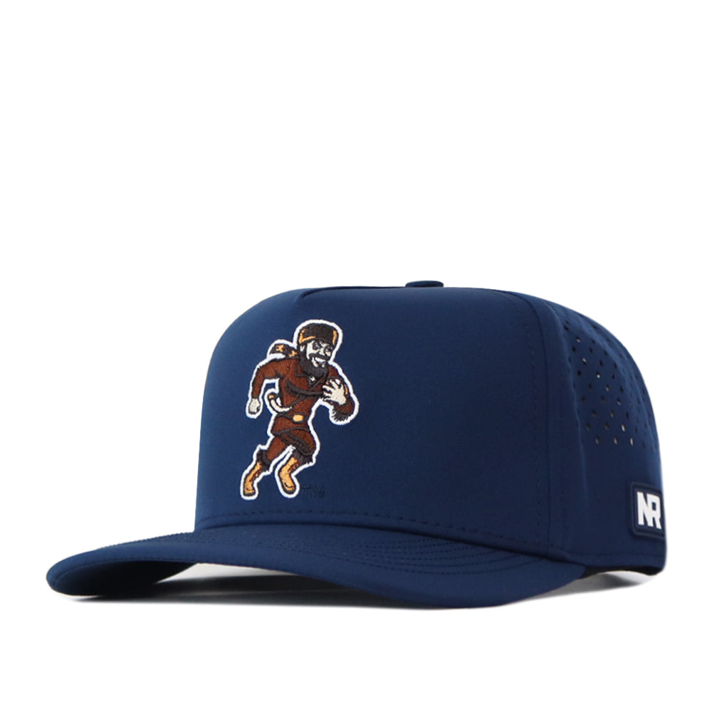 Show your Mountaineer pride with the No Rivals WVU Mountaineers Football Mascot Hat in navy. This snapback cap features a flat brim, embroidered vintage football player mascot on the front, and small ventilation holes on the side. Crafted from performance fabric for lasting comfort, it blends classic style with modern functionality.