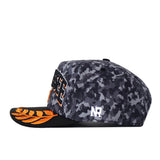 Introducing the Tennessee Volunteers 2026 Military Appreciation Hat by No Rivals: This gray and black camouflage snapback baseball cap features a bold orange embroidered logo on the brim and front, white “NR” text on the side, a flat brim, and a structured crown for a stylish fit. Officially licensed for authenticity.