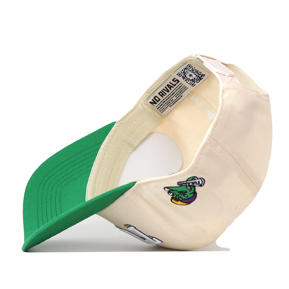The Tulane Drop Shadow Hat by No Rivals is pictured upside down, showcasing its beige crown and green brim, an embroidered cartoon frog logo patch, an inner “NO RIVALS” label, and a QR code inside—making it the essential snapback for your perfect gameday fit.