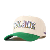 Introducing the Tulane Drop Shadow Hat by No Rivals—a beige baseball cap with a green brim, showcasing a bold, embroidered Tulane logo in white, green, and purple across the front. The left side features “NR” in purple lettering. Designed with a classic snap back closure, this hat is the perfect finishing touch for your gameday look.