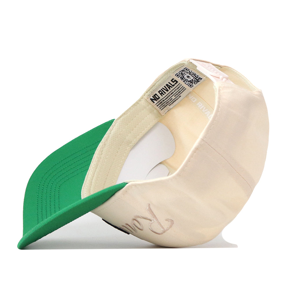 The Tulane Mardi Gras Roulez Wave Hat by No Rivals is displayed upside down, highlighting its inner label and detailed stitching. With a curved green brim and an off-white crown, this snapback is the perfect addition to your next gameday fit.