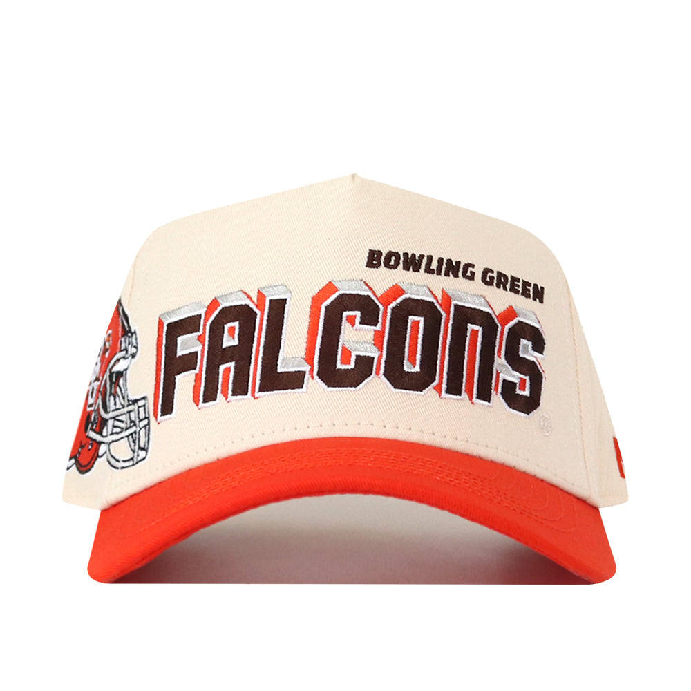 A tan and orange Bowling Green State Falcons Alma Mater Hat by No Rivals, featuring BOWLING GREEN FALCONS text on the front, detailed embroidered logos, and a football helmet graphic on the left side—perfect for your go-to gameday fit.