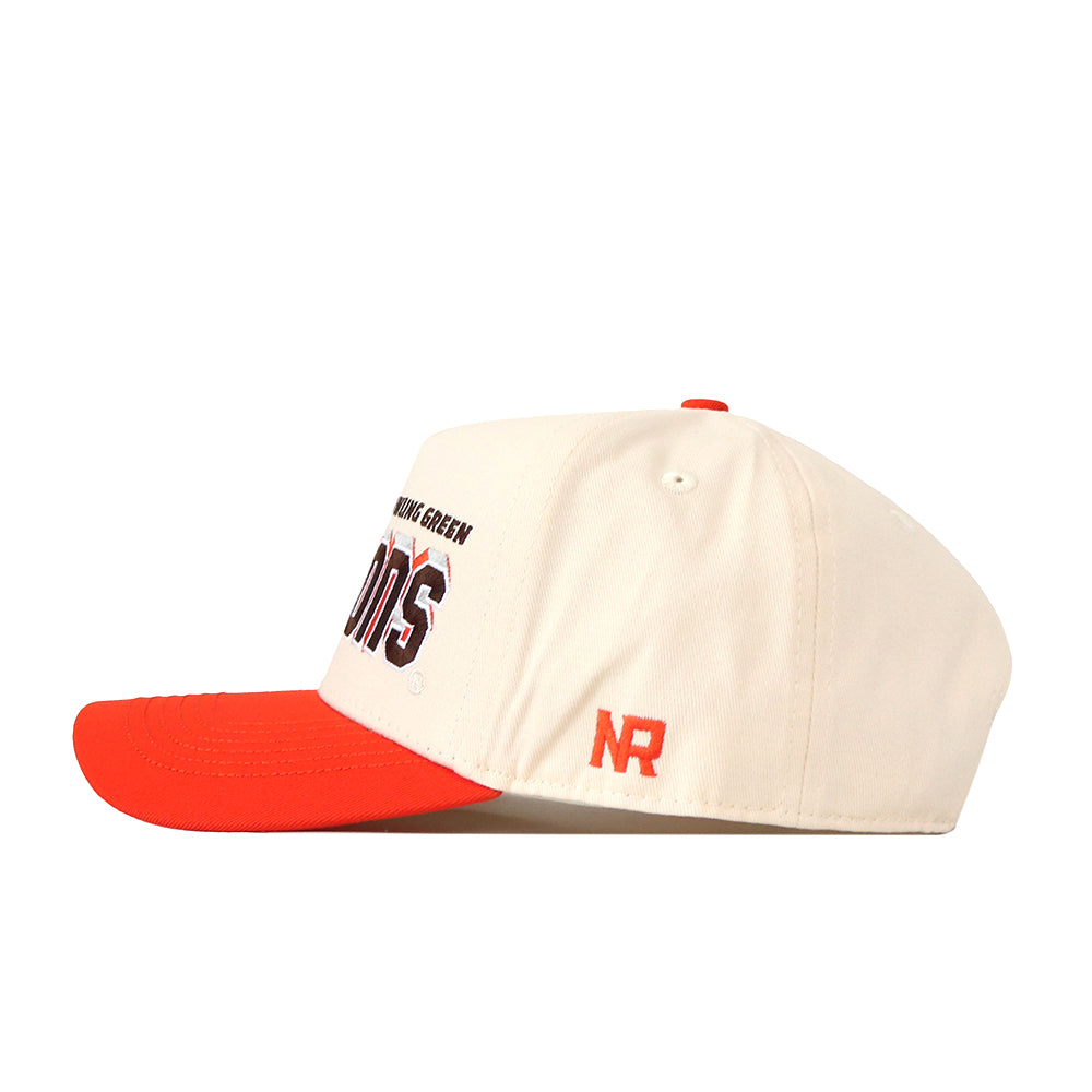 Introducing the Bowling Green State Falcons Alma Mater Hat by No Rivals: this snap-back style features a cream color with a vibrant orange brim, matching top button, and orange NR initials embroidered on the side. Embroidered logos and bold black-and-orange text accentuate the front, making it your perfect pick for gameday.