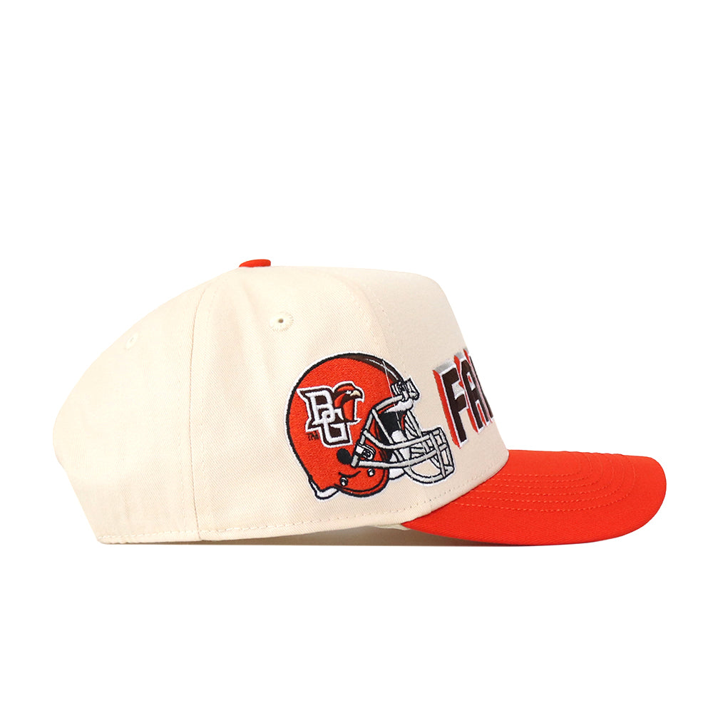 Cheer on your team in style with the No Rivals Bowling Green State Falcons Alma Mater Hat, a cream and orange snapback featuring a bold red brim and detailed embroidery—including a football helmet and BG logo on the side. This cap is the perfect finishing touch to your gameday look, blending spirited design with standout flair.