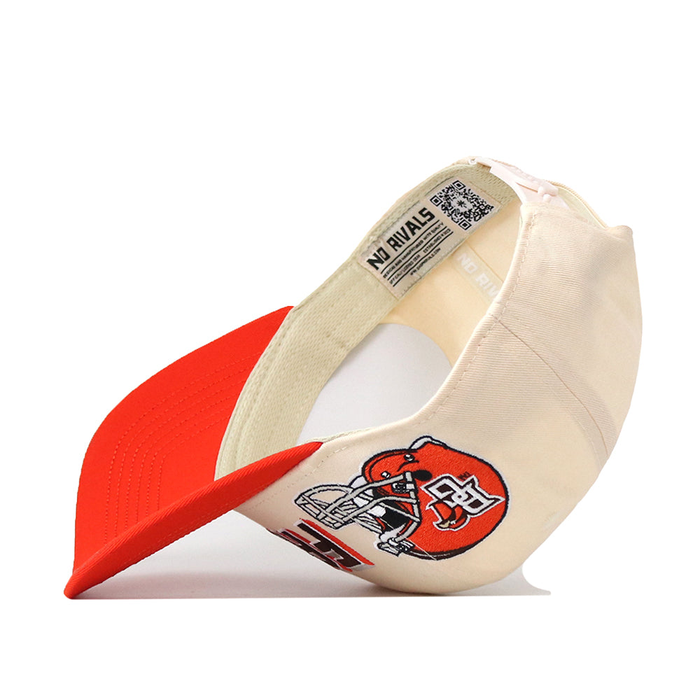 A red and cream Bowling Green State Falcons Alma Mater Hat by No Rivals is flipped inside out, showcasing an embroidered football helmet logo and a “NO RIVALS” text tag on the inner band—perfect for completing your gameday fit.