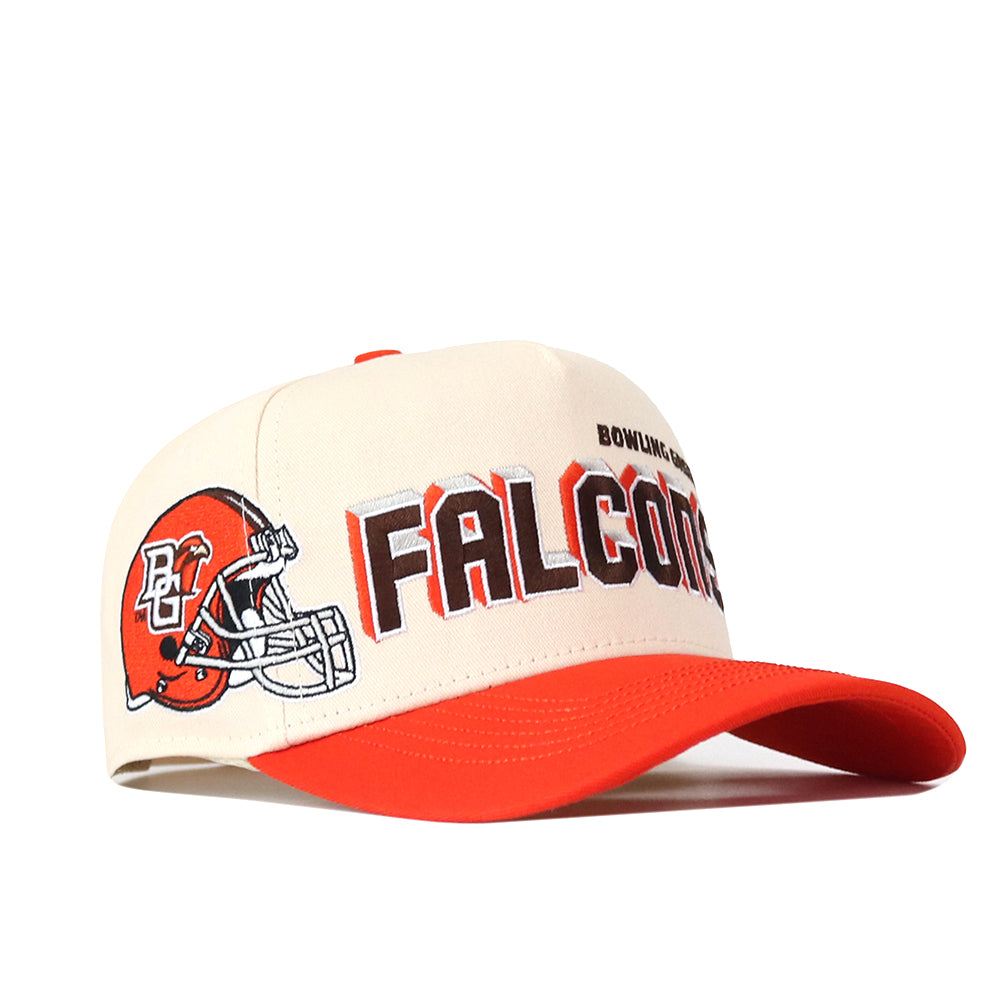 Show off your ultimate gameday fit with the No Rivals Bowling Green State Falcons Alma Mater Hat—a cream and orange snapback featuring a football helmet graphic, bold block letters spelling FALCONS, and the classic BG logo on the front.
