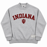 No Rivals Indiana Mock Neck, a heavyweight grey sweatshirt featuring INDIANA in dark red collegiate lettering above an Indiana University logo.