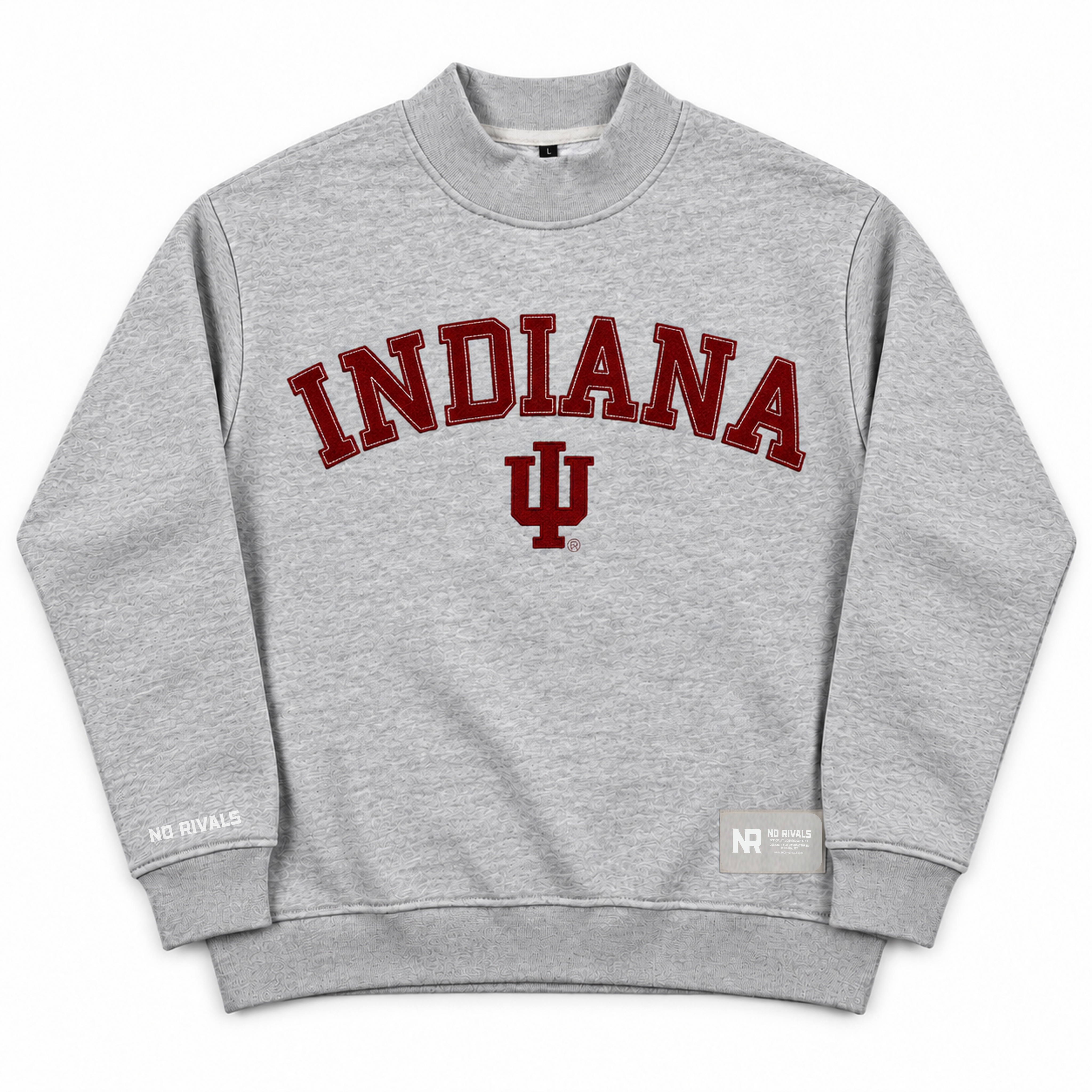 No Rivals Indiana Mock Neck, a heavyweight grey sweatshirt featuring INDIANA in dark red collegiate lettering above an Indiana University logo.