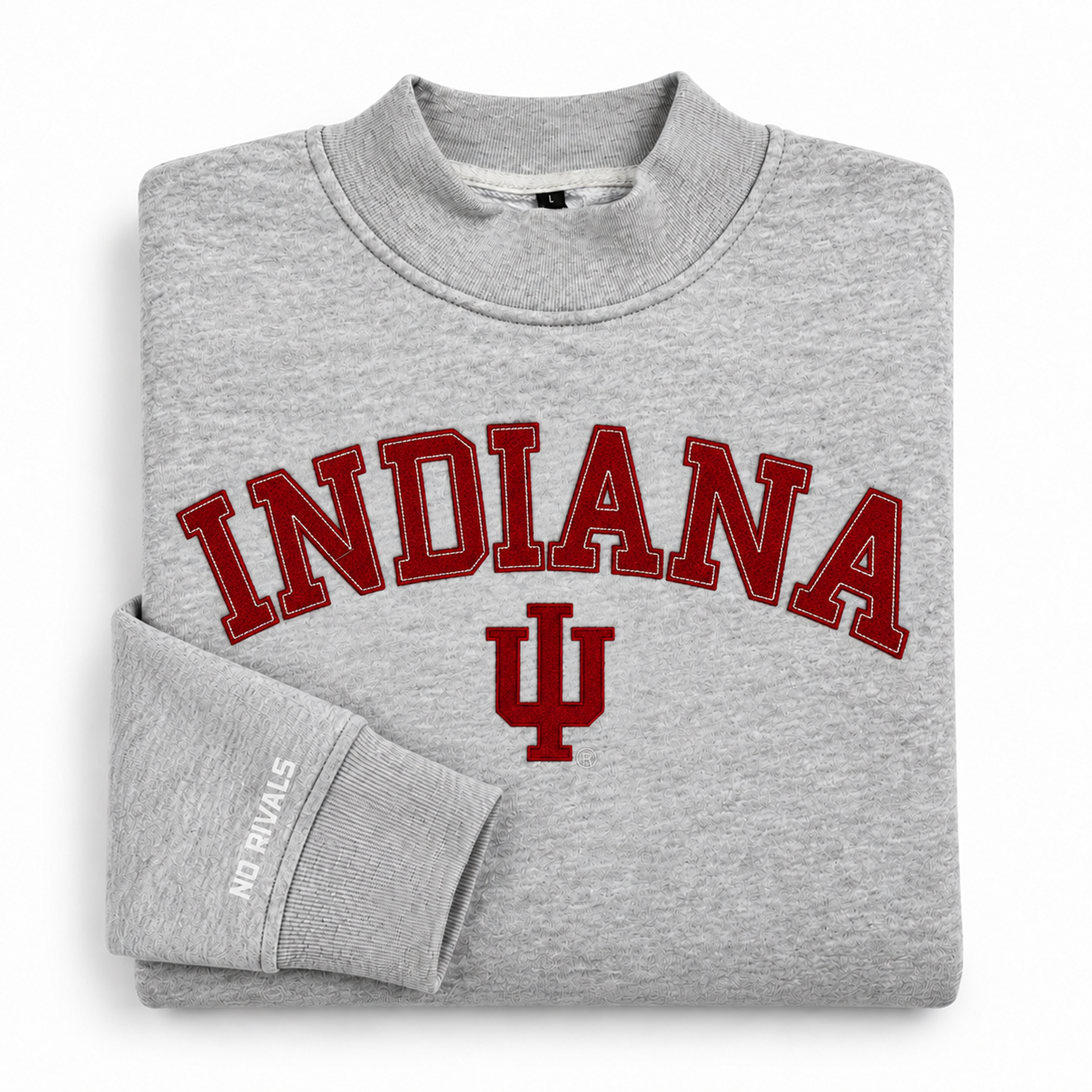 Folded heather grey oversized Indiana Mock Neck sweatshirt featuring INDIANA and a university logo in red lettering, with No Rivals brand text printed on the sleeve cuff.