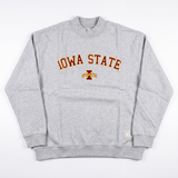 A No Rivals Iowa State Gray Mock Neck, featuring "Iowa State" in bold red and gold letters above the university logo, expertly crafted from heavyweight cotton with a soft fleece interior, is displayed flat on a white background.