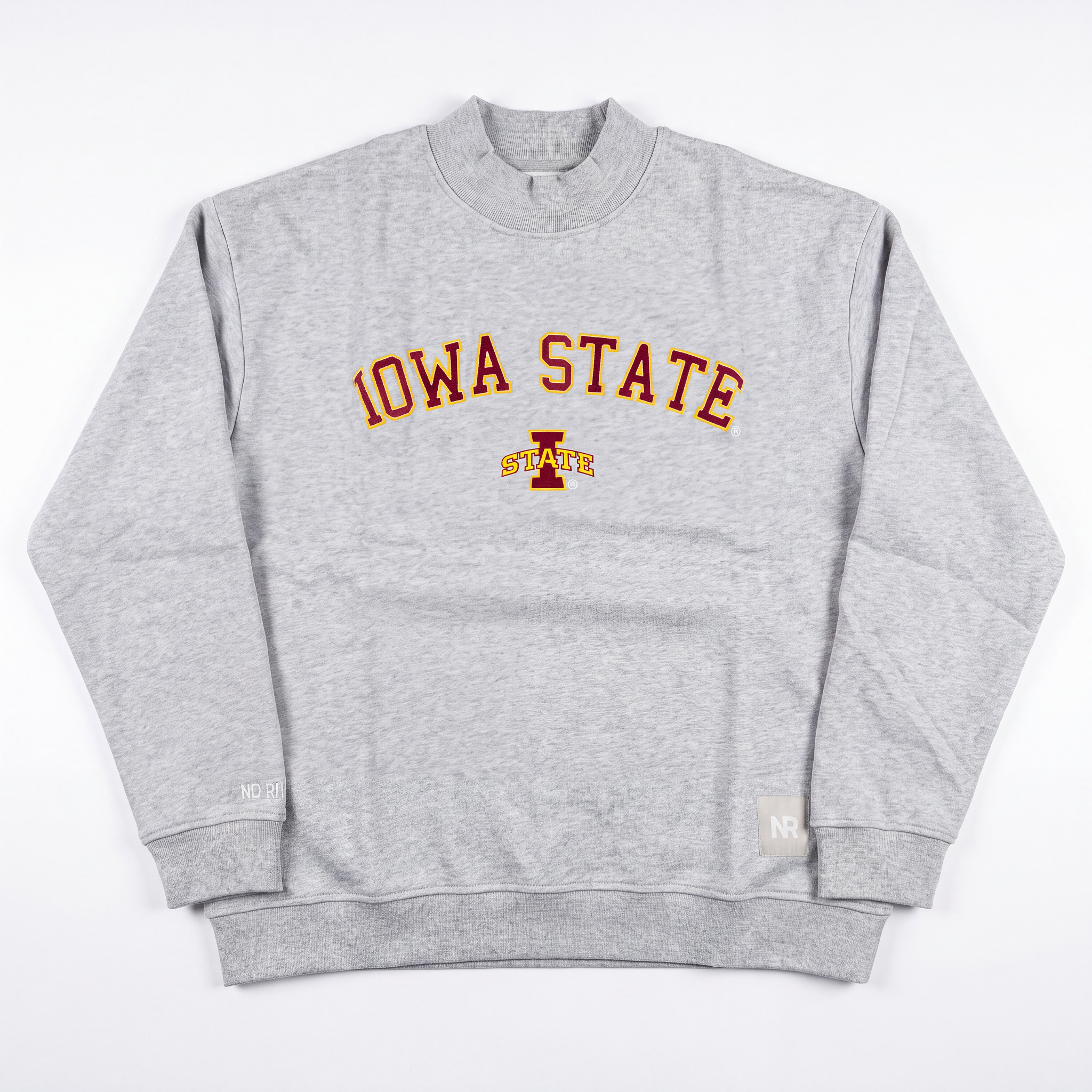 A No Rivals Iowa State Gray Mock Neck, featuring "Iowa State" in bold red and gold letters above the university logo, expertly crafted from heavyweight cotton with a soft fleece interior, is displayed flat on a white background.