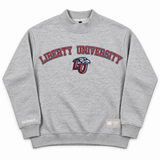 Oversized grey Liberty Mock Neck sweatshirt featuring Liberty University text and an eagle logo on the chest.