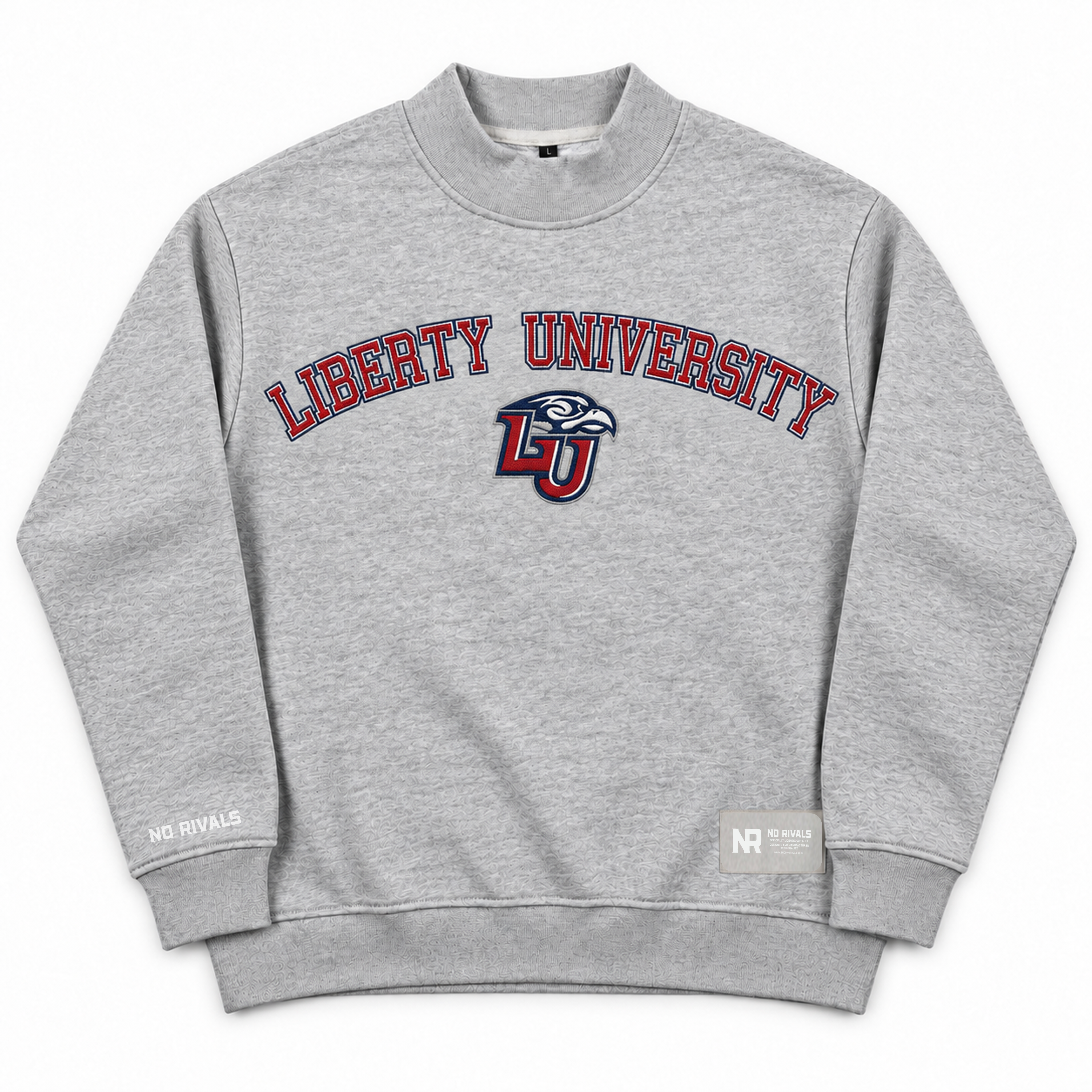 Oversized grey Liberty Mock Neck sweatshirt featuring Liberty University text and an eagle logo on the chest.