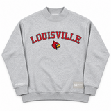 No Rivals Louisville Mock Neck: an oversized gray sweatshirt with a mock neck, featuring LOUISVILLE in red letters above a cardinal mascot logo.
