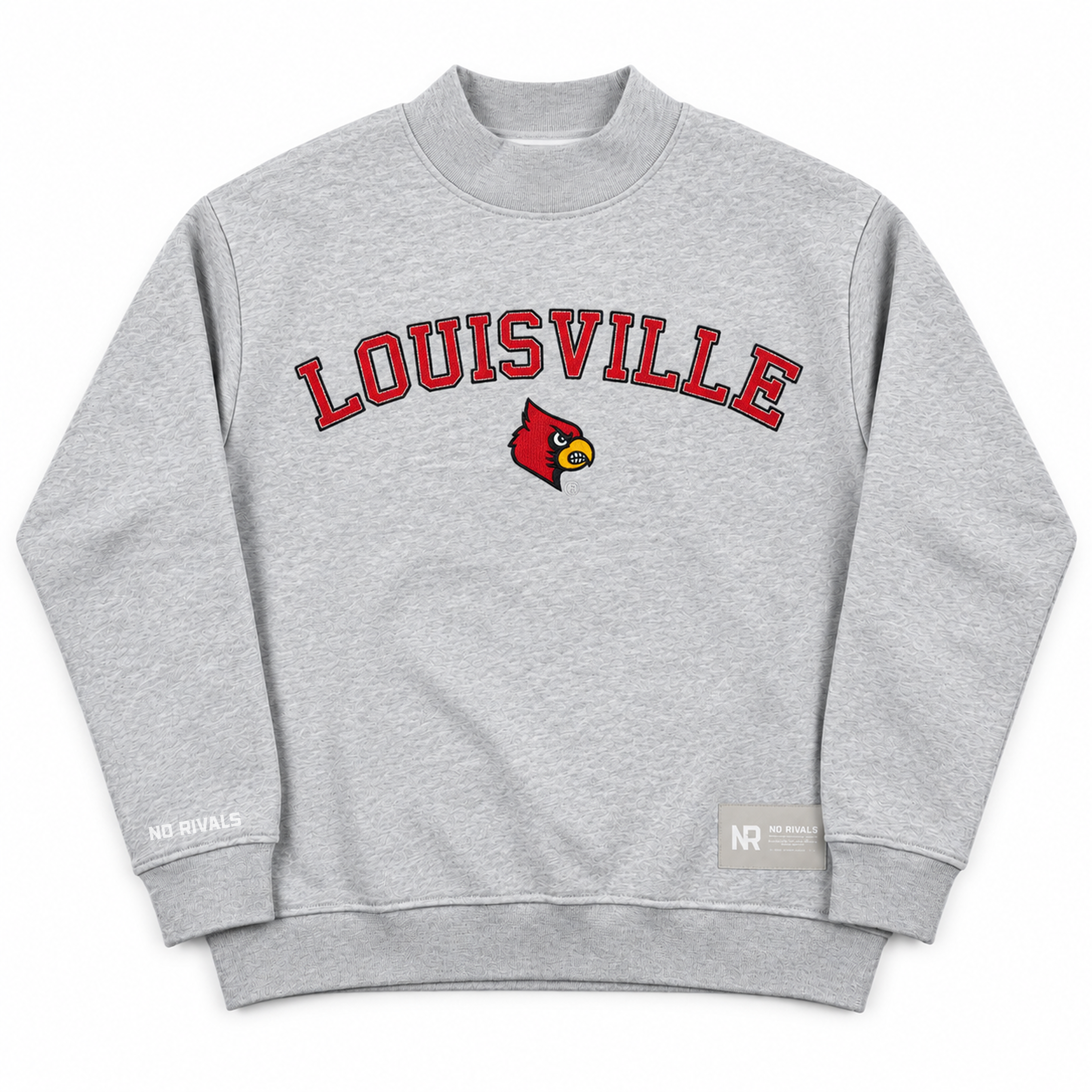 No Rivals Louisville Mock Neck: an oversized gray sweatshirt with a mock neck, featuring LOUISVILLE in red letters above a cardinal mascot logo.