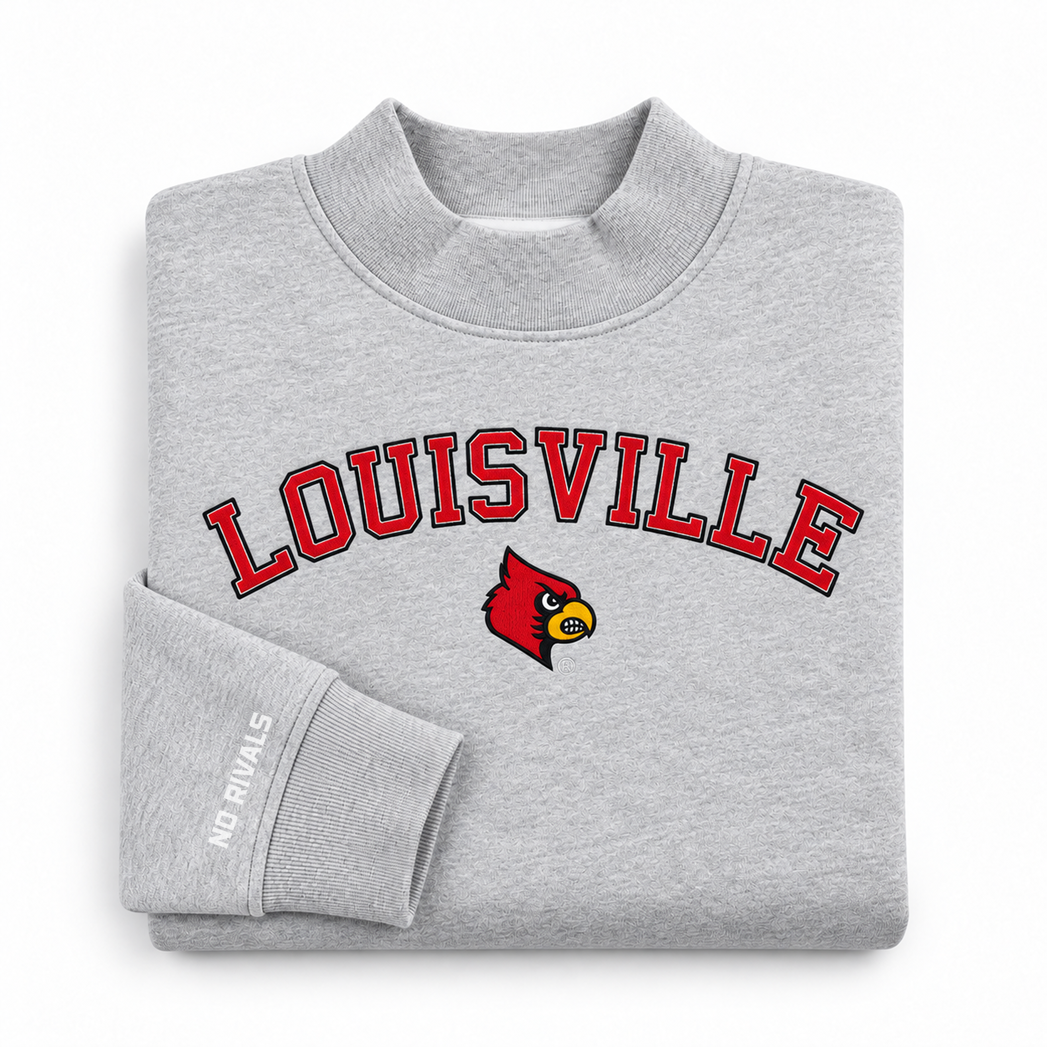 Oversized grey Louisville Mock Neck sweatshirt featuring the word LOUISVILLE in red text with a cardinal bird logo underneath.