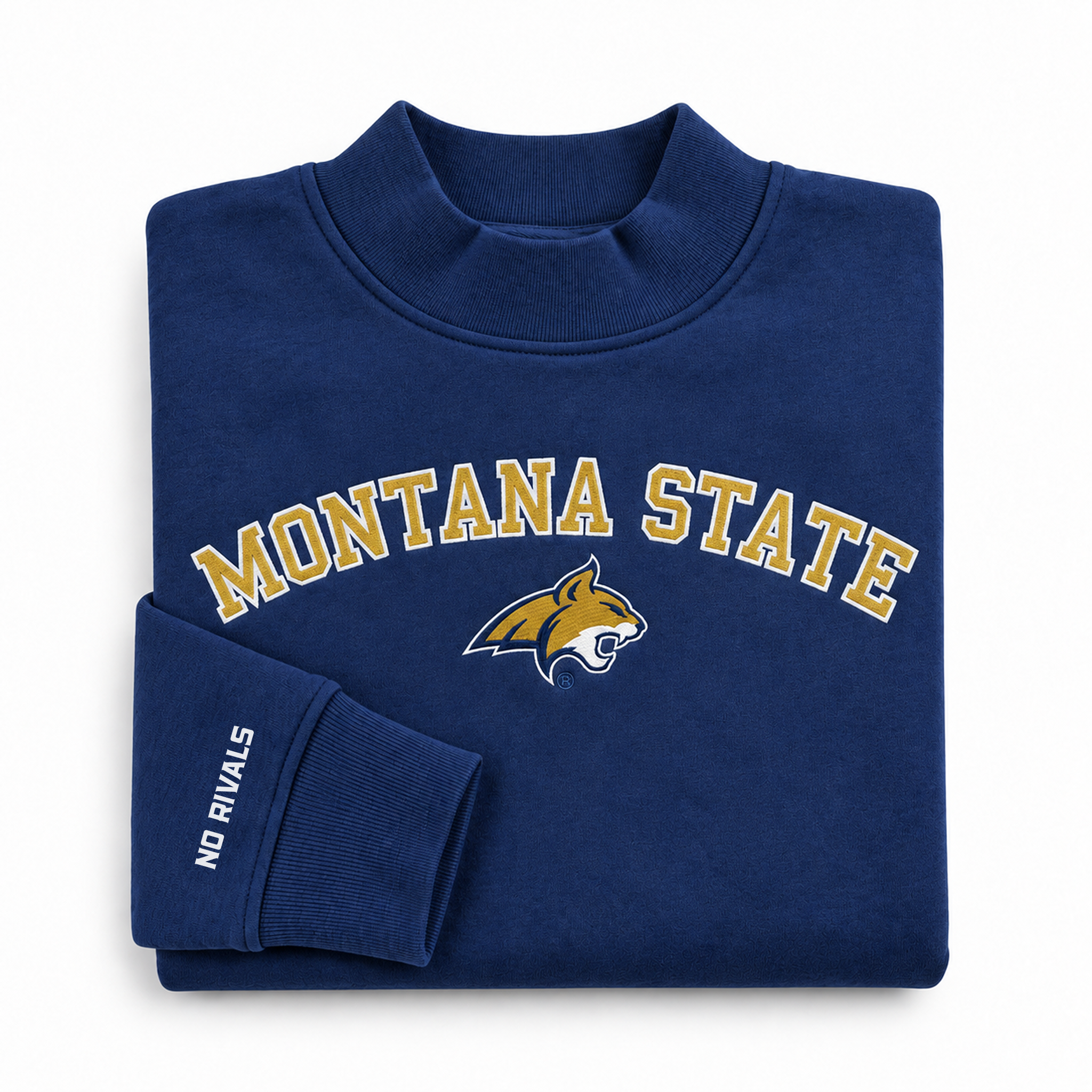Oversized navy blue Montana State Mock Neck - Navy sweatshirt featuring MONTANA STATE in gold lettering above a bobcat mascot logo, with NO RIVALS printed on the sleeve cuff.