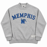 No Rivals Memphis Mock Neck: an oversized gray mock neck sweatshirt featuring the word MEMPHIS in blue lettering above a tiger and the letter M.