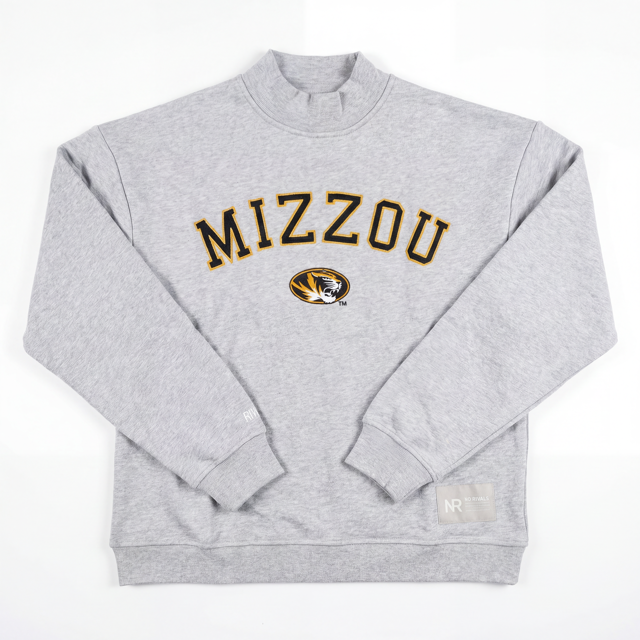 The No Rivals Mizzou Mock Neck features large yellow and black "MIZZOU" lettering and the University of Missouri tiger logo on heavyweight gray cotton, shown laid flat against a white background.