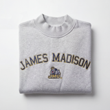 The No Rivals JMU Mock Neck is a folded light gray heavyweight cotton sweatshirt featuring "James Madison" in large letters and the JMU mascot logo on the front, shown on a white background.