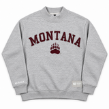 Heavyweight gray Montana Mock Neck sweatshirt featuring a maroon MONTANA logo above a bear paw print.