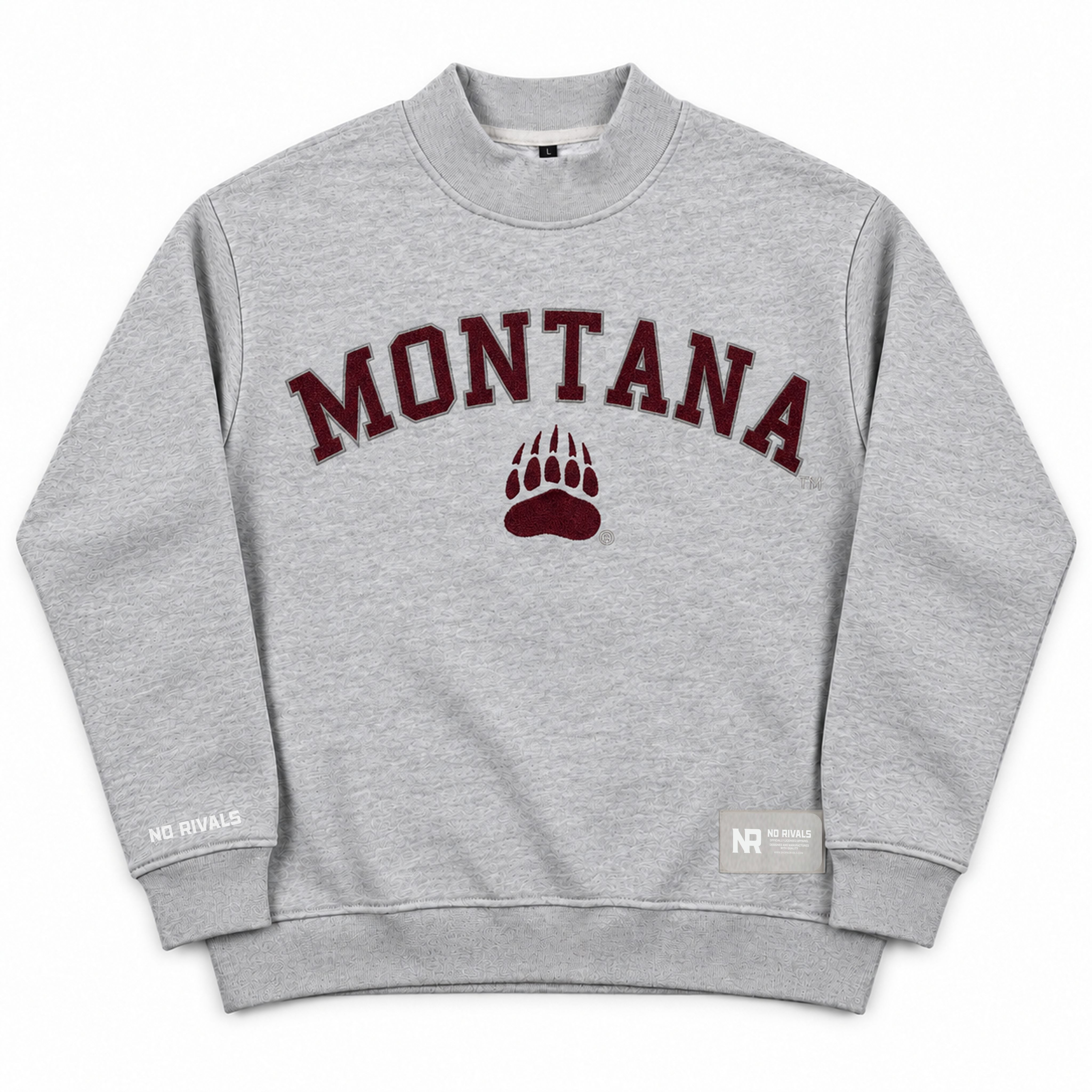 Heavyweight gray Montana Mock Neck sweatshirt featuring a maroon MONTANA logo above a bear paw print.