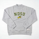 The NDSU Mock Neck by No Rivals is a gray heavyweight cotton sweatshirt with green and yellow "NDSU" text and a bison logo on the front, plus a white NR Originals label near the hem, shown laid flat on a white background.