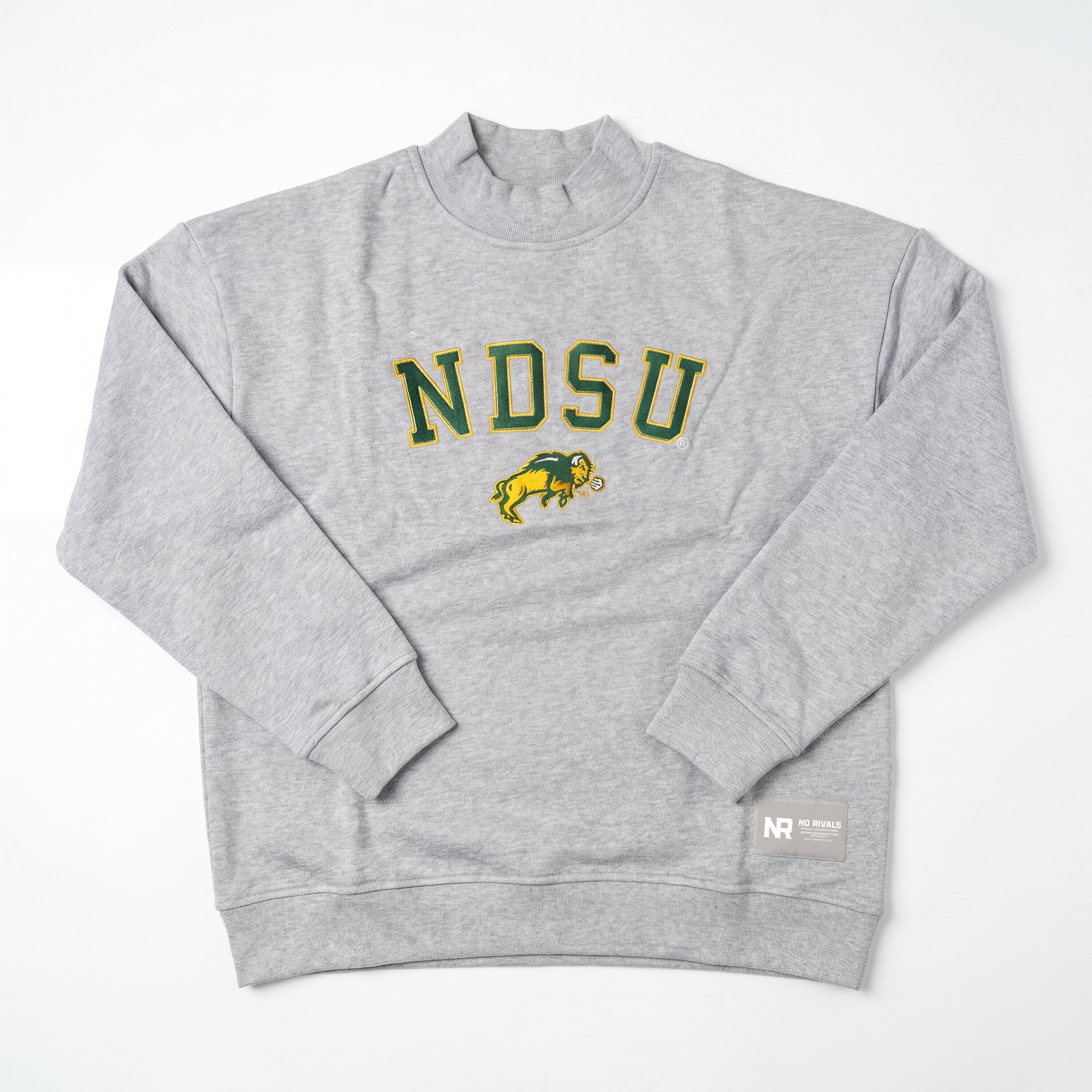 The NDSU Mock Neck by No Rivals is a gray heavyweight cotton sweatshirt with green and yellow "NDSU" text and a bison logo on the front, plus a white NR Originals label near the hem, shown laid flat on a white background.