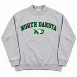 Grey heavyweight cotton No Rivals North Dakota Mock Neck sweatshirt featuring the text NORTH DAKOTA in green arched lettering above a green eagle logo.