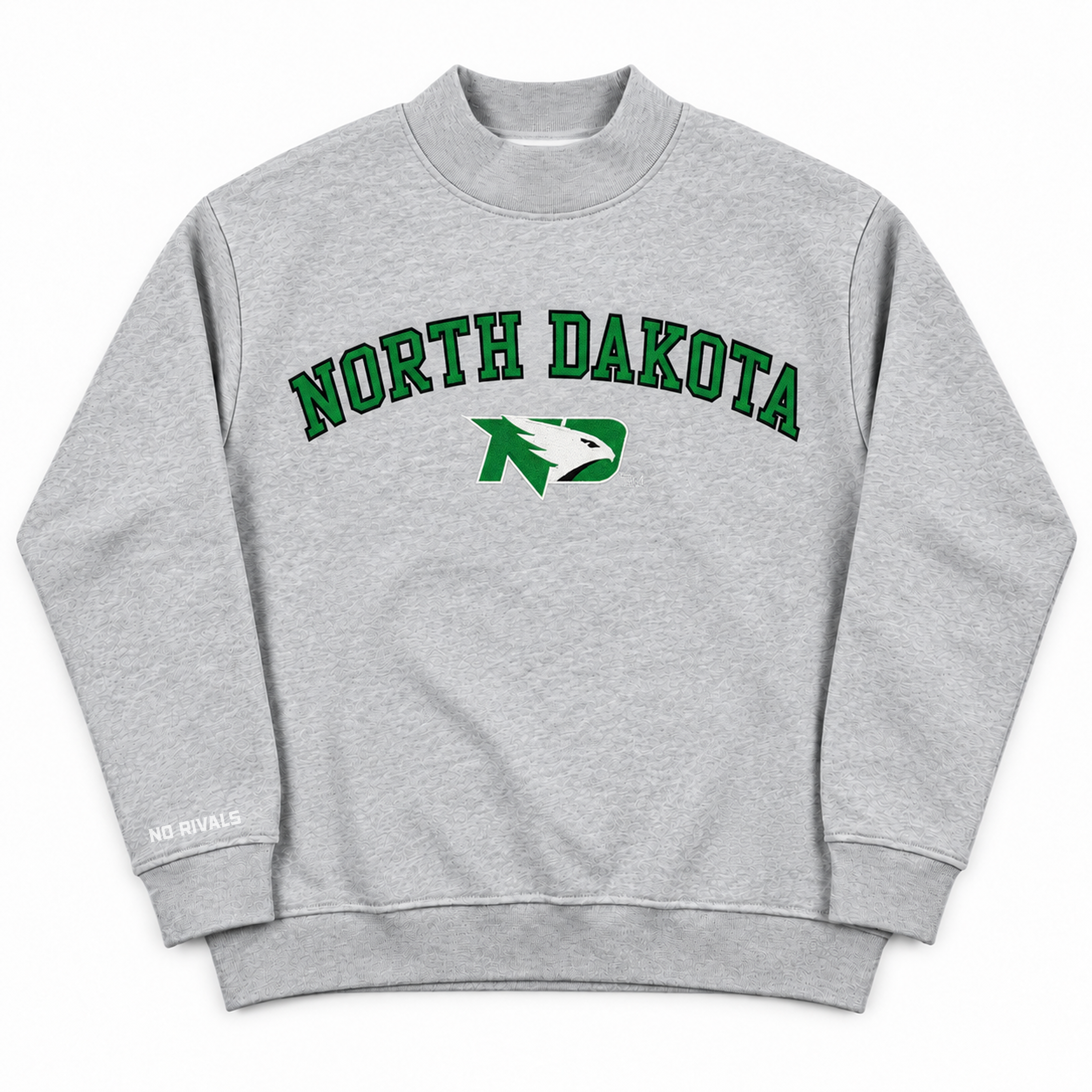 Grey heavyweight cotton No Rivals North Dakota Mock Neck sweatshirt featuring the text NORTH DAKOTA in green arched lettering above a green eagle logo.