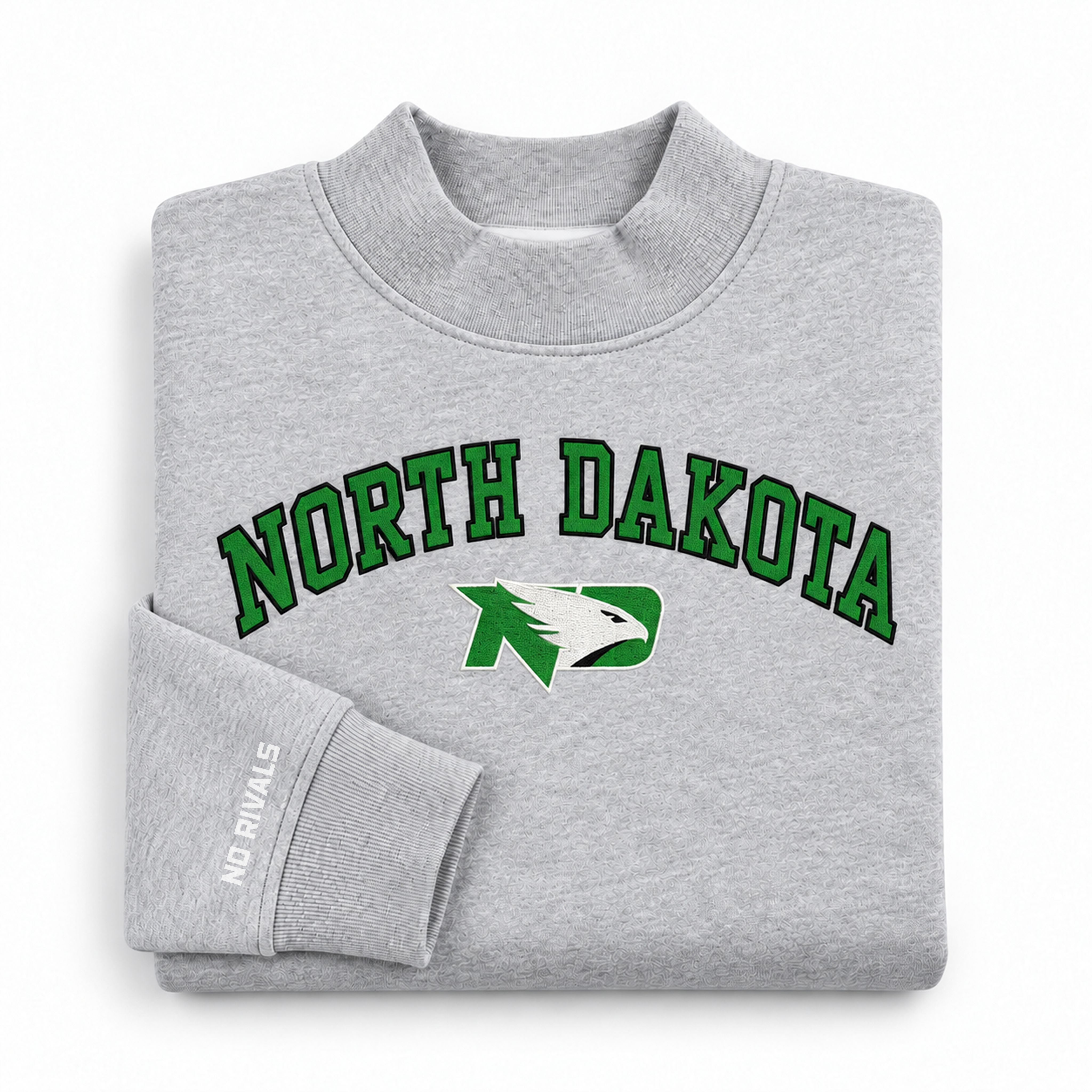 Folded, oversized gray North Dakota Mock Neck sweatshirt with a mock neck and a North Dakota hawk logo printed on the chest.