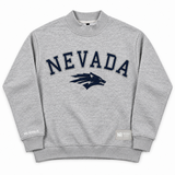 Oversized grey Nevada Mock Neck sweatshirt featuring NEVADA and a wolf head logo embroidered in navy blue on the chest.