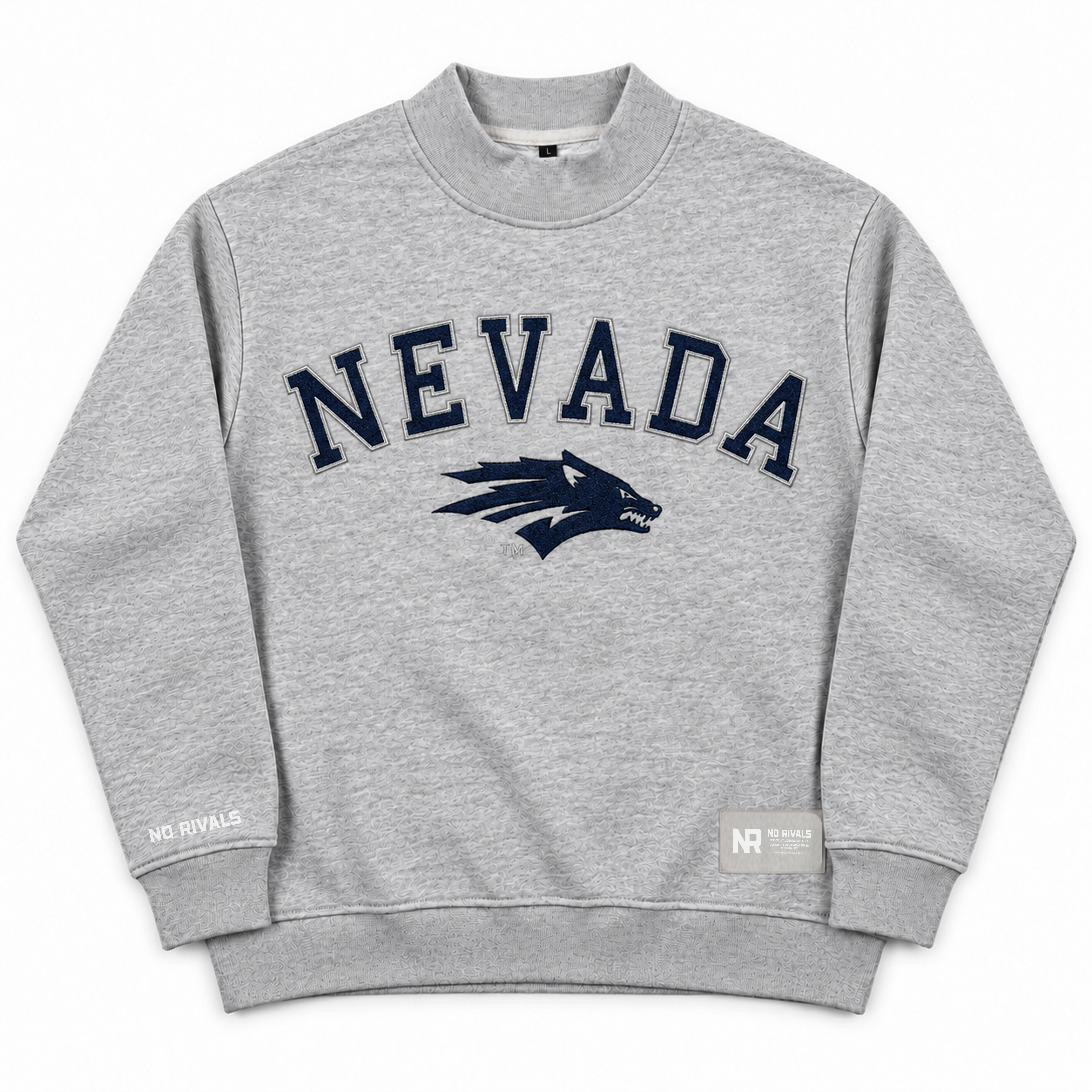 Oversized grey Nevada Mock Neck sweatshirt featuring NEVADA and a wolf head logo embroidered in navy blue on the chest.