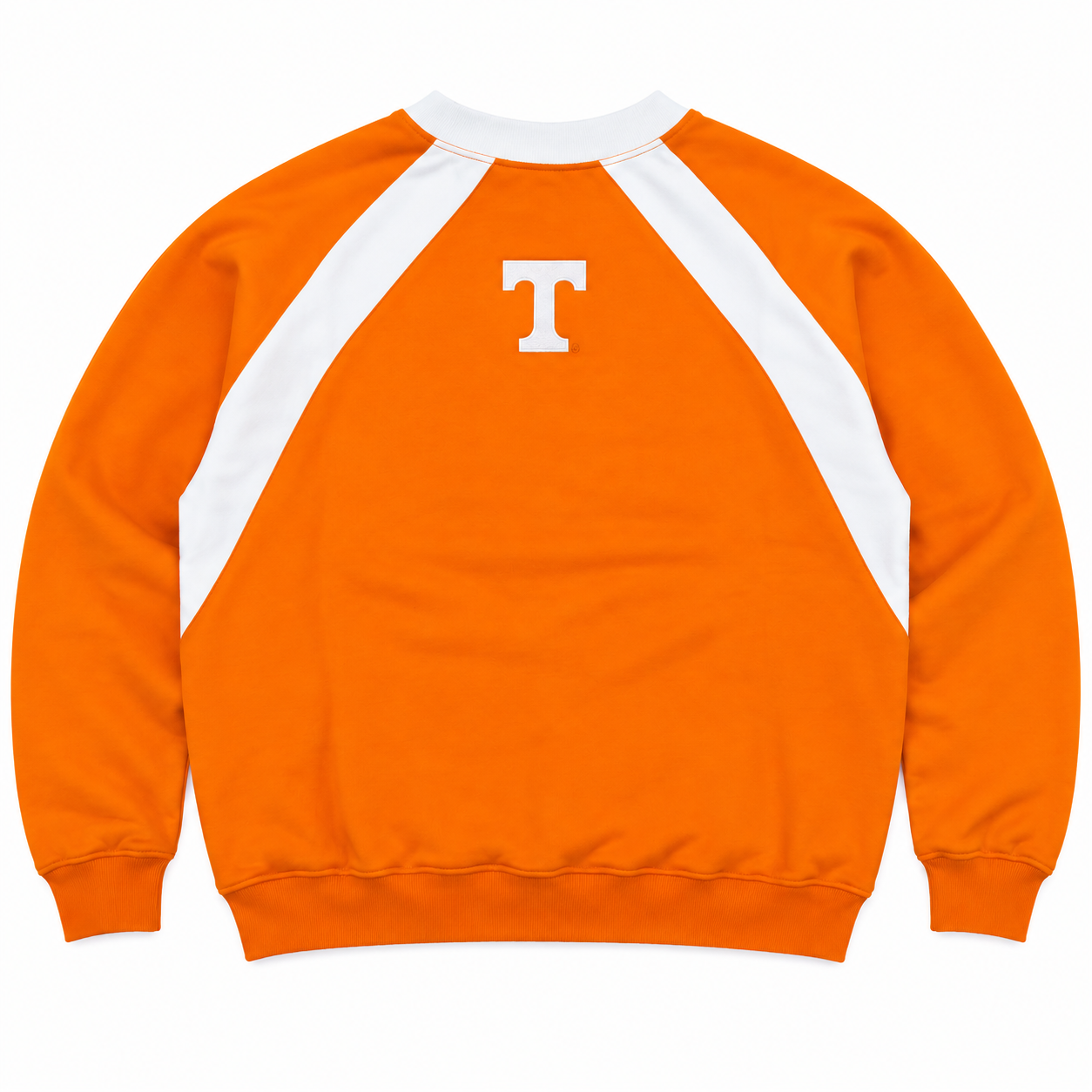 Tennessee Volunteers Power T Orange Crew oversized orange long-sleeve crewneck sweatshirt in heavyweight cotton, featuring white raglan shoulder stripes and a white letter T logo on the upper back.
