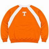 Tennessee Volunteers Power T Orange Crew oversized orange long-sleeve crewneck sweatshirt in heavyweight cotton, featuring white raglan shoulder stripes and a white letter T logo on the upper back.