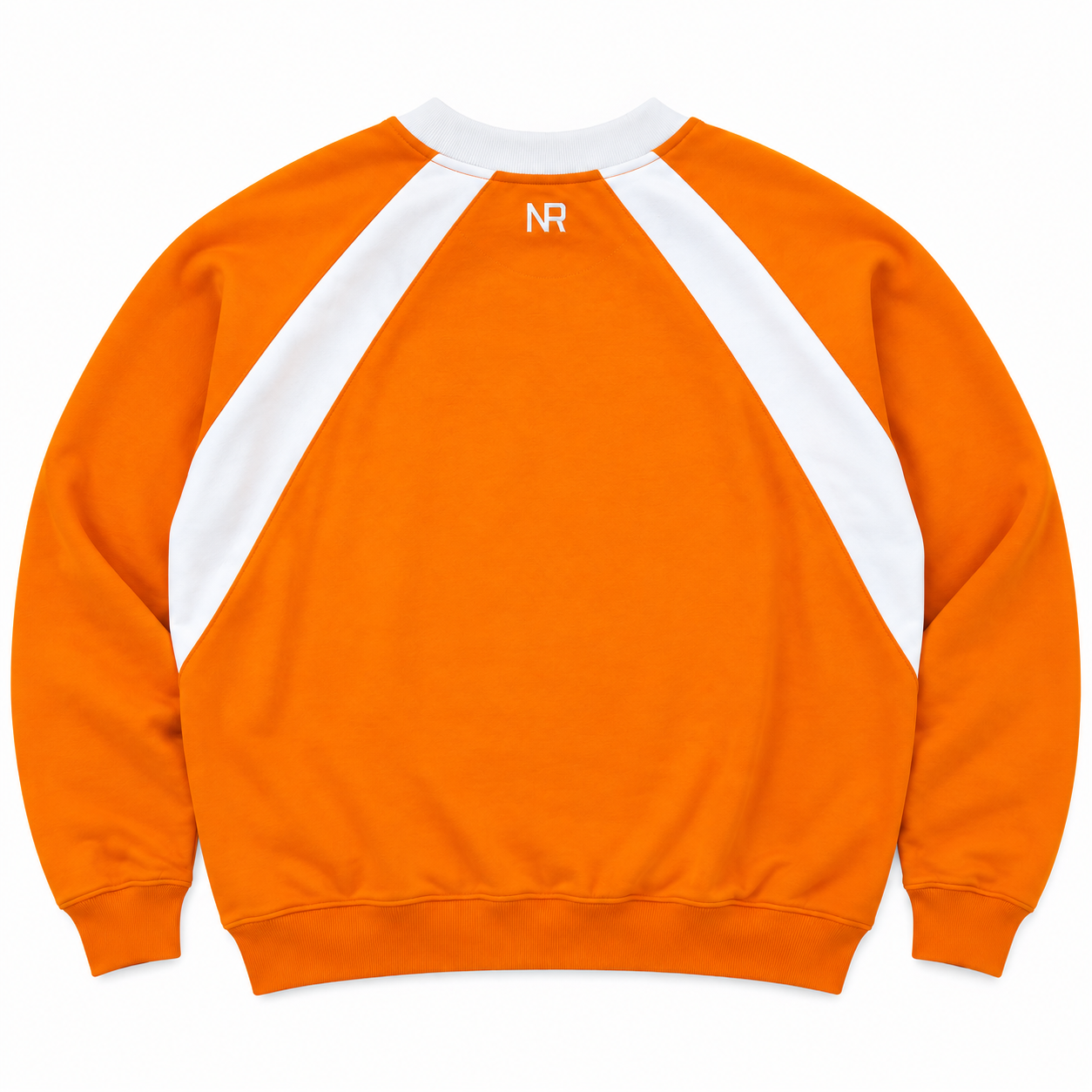 Back view of an oversized orange Tennessee Volunteers Power T Orange Crew with white raglan stripes, a fleece interior, and a small white No Rivals logo at the neckline.