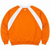Back view of an oversized orange Tennessee Volunteers Power T Orange Crew with white raglan stripes, a fleece interior, and a small white No Rivals logo at the neckline.
