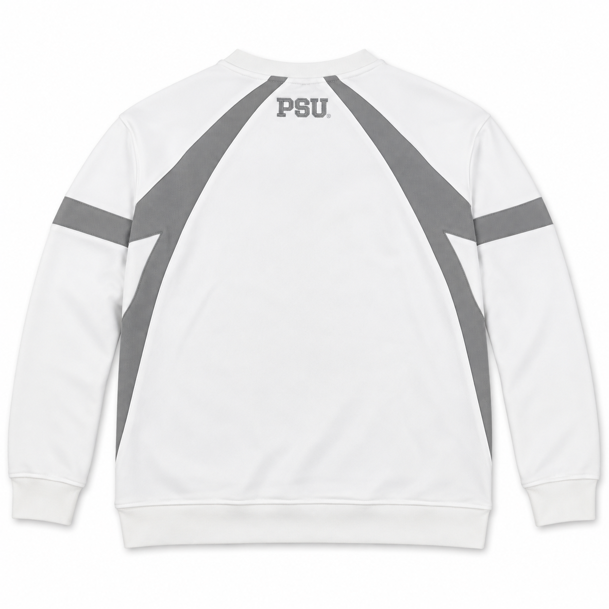 Back view of the Penn State Hockey Ice Crewneck, an oversized white sweatshirt in heavyweight cotton with grey athletic panels and PSU printed near the collar.