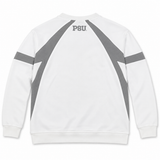 Back view of the Penn State Hockey Ice Crewneck, an oversized white sweatshirt in heavyweight cotton with grey athletic panels and PSU printed near the collar.