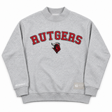 No Rivals Rutgers Mock Neck in gray heavyweight cotton featuring the Rutgers name and a knight mascot logo in red and black on the chest.