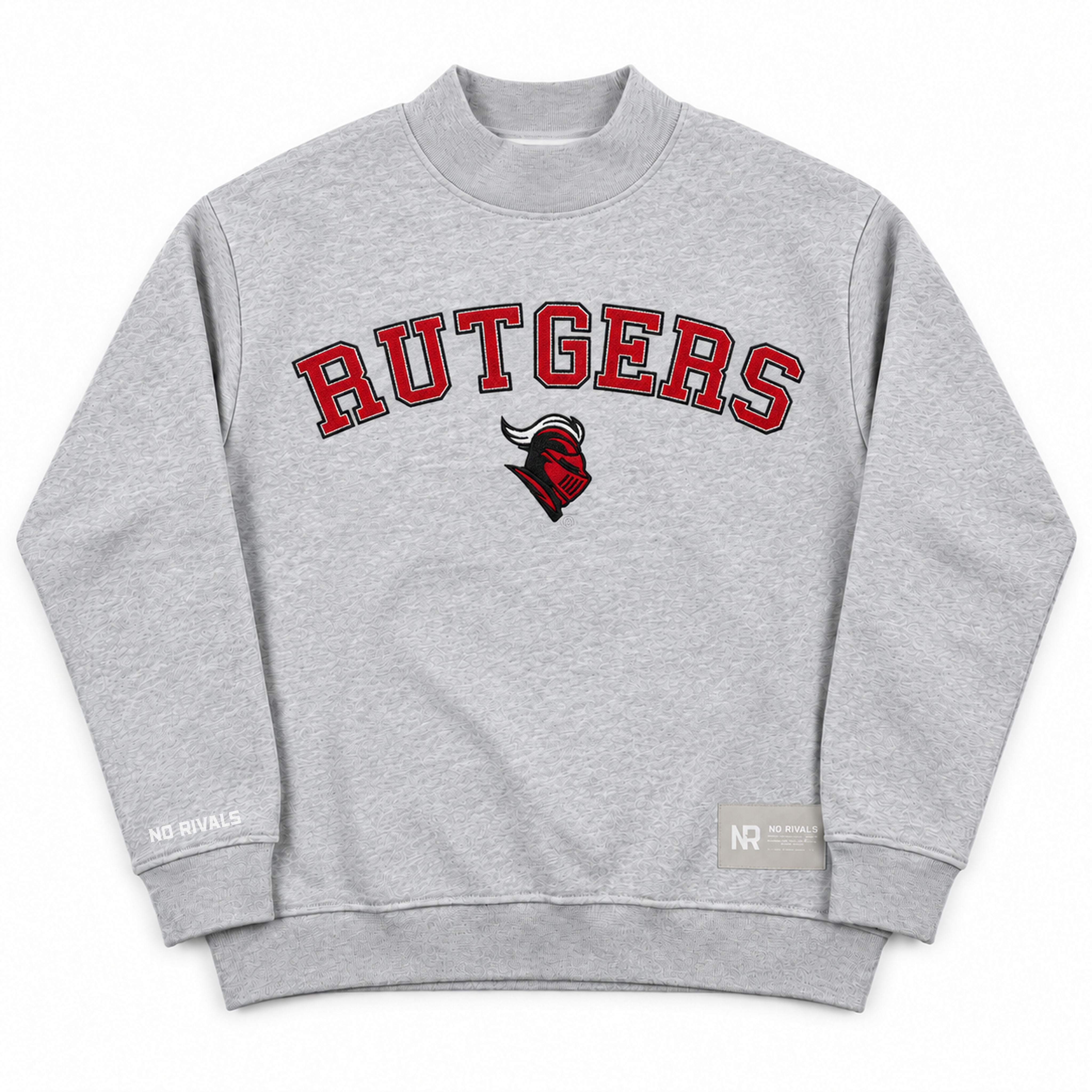 No Rivals Rutgers Mock Neck in gray heavyweight cotton featuring the Rutgers name and a knight mascot logo in red and black on the chest.