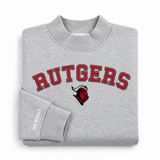 Oversized grey Rutgers Mock Neck sweatshirt featuring the word RUTGERS in red lettering above a knight logo on the chest, and text on the sleeve cuff.