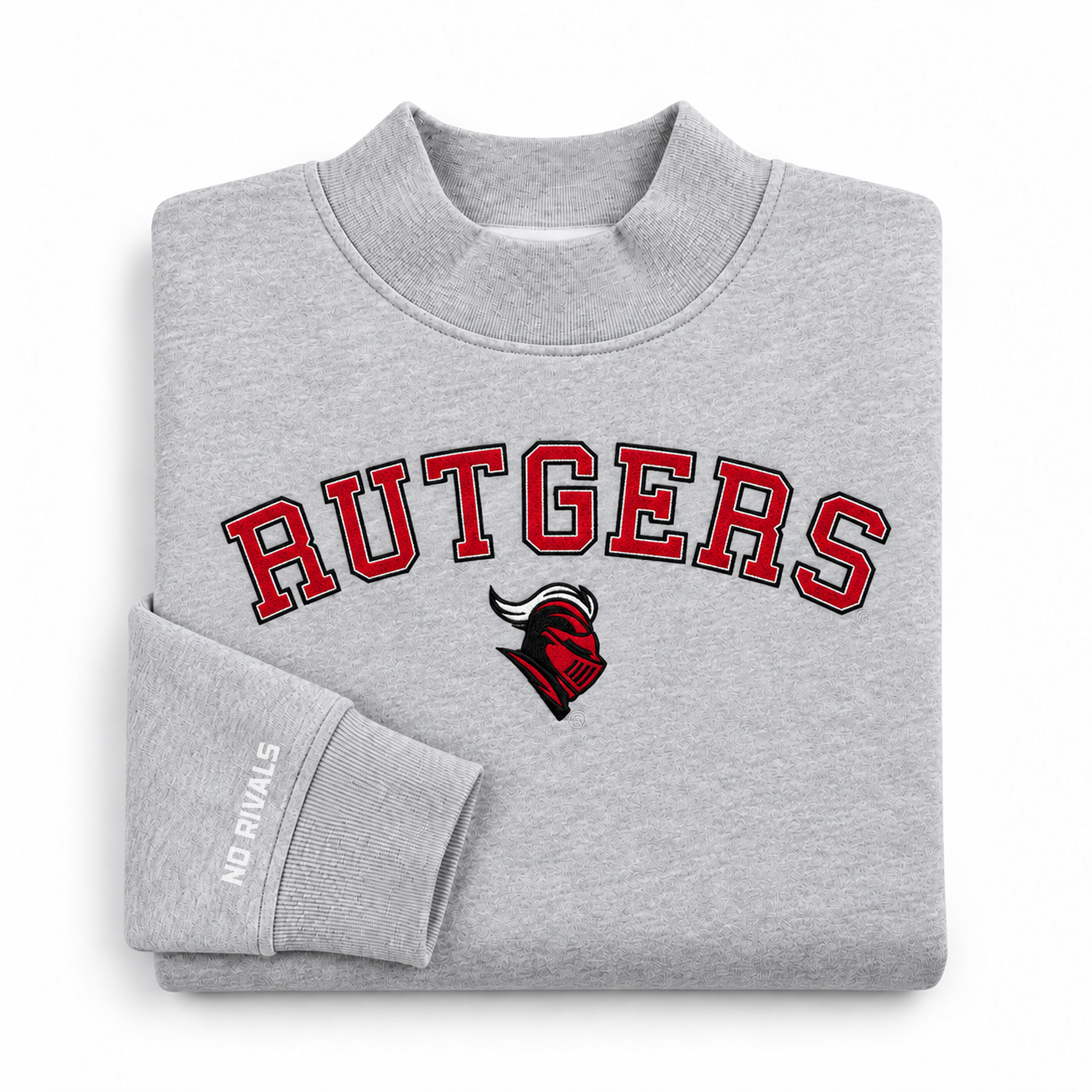 Oversized grey Rutgers Mock Neck sweatshirt featuring the word RUTGERS in red lettering above a knight logo on the chest, and text on the sleeve cuff.