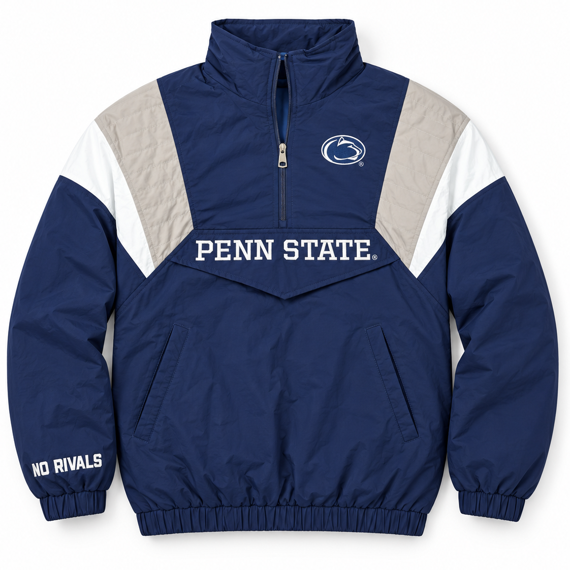 The Penn State Retro Windbreaker - Navy by No Rivals is a blue and white polyester half-zip pullover with embroidered logos, PENN STATE on the front, and NO RIVALS on the left sleeve cuff.