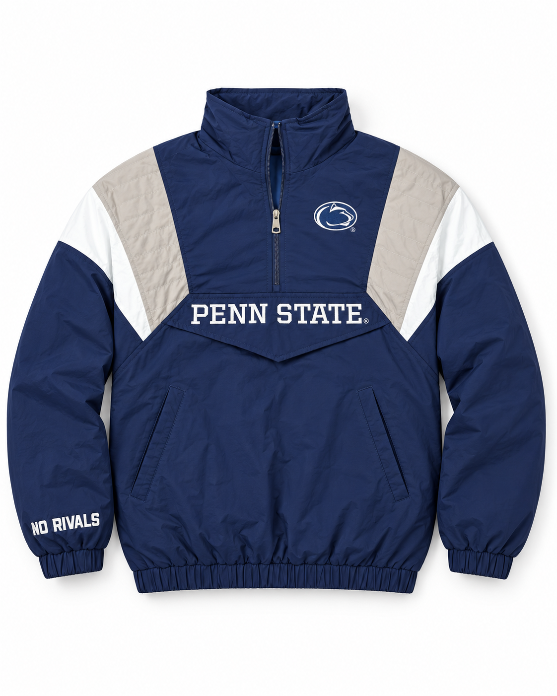The Penn State Retro Windbreaker - Navy by No Rivals is a blue and white polyester half-zip pullover with embroidered logos, PENN STATE on the front, and NO RIVALS on the left sleeve cuff.