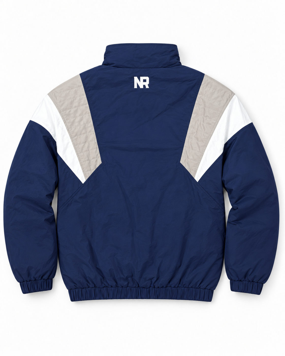 The Penn State Hockey Retro Windbreaker - Navy by No Rivals features white and beige chevron panels on the sleeves, a small white NR logo below the back collar, and elastic cuffs and hem.