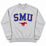 No Rivals SMU Mock Neck: oversized light gray mock neck sweatshirt featuring blue SMU text with red outlines above a red mustang mascot logo, crafted from heavyweight cotton with a fleece interior.